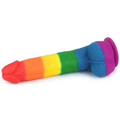 Copo líquido de Toy Faked Penis With Suction do sexo do vibrador do arco-íris do silicone 22.5cm