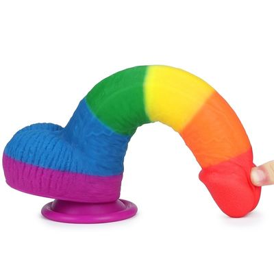 Copo líquido de Toy Faked Penis With Suction do sexo do vibrador do arco-íris do silicone 22.5cm